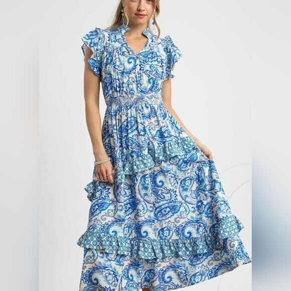 Last Day Umgee USA Blue Paisley Ruffle Midi Dress Cascading Ruffles Small - Picture 2 of 5